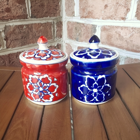 Blue & Red Floral Ceramic Lidded Pots - Picture 1 of 2